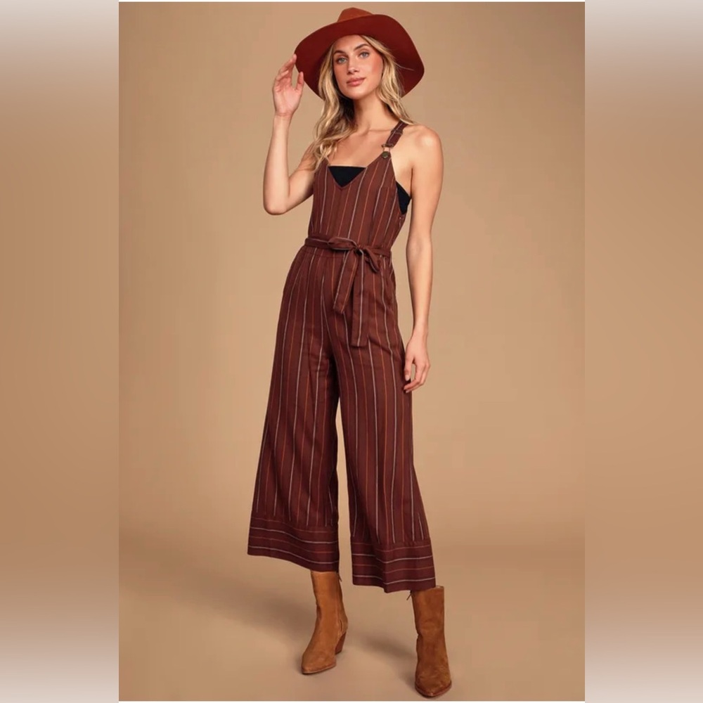 Billabong Bella Day Burgundy Multi Striped Culotte Jumpsuit Size M
